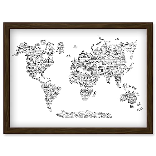 Artery8 World Travel Landmark Line Icons Map For Kids Bedroom Education Artwork Framed Wall Art Print A4
