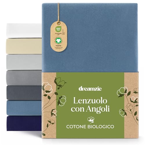 Dreamzie Fitted Sheet 80 x 200 cm, Jersey 100% Organic Cotton, Mattress Height up to 22 cm, Hypoallergenic, Oeko-Tex Blue, Blue