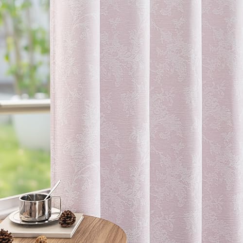 FMFUNCTEX Pink Floral Jacquard Blackout Curtains 90 Inch Bedroom 2 Panels - Grommet Top, Living Room, Farmhouse Chenille Scroll Flower Drapes, Thermal Insulated, Room Darkening, Noise Reduction
