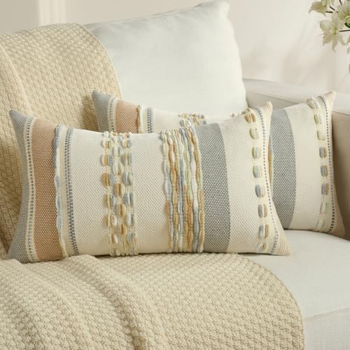 FUTEI Pack of 2 Chenille Throw Pillow Covers 30 x 50 cm,Blue+Green+Khaki - Colorful Tufted Striped Front/Solid Chenille Back,Hidden Zipper,Machine Washable,Pilling-Resistant,Colorfast,No Insert.