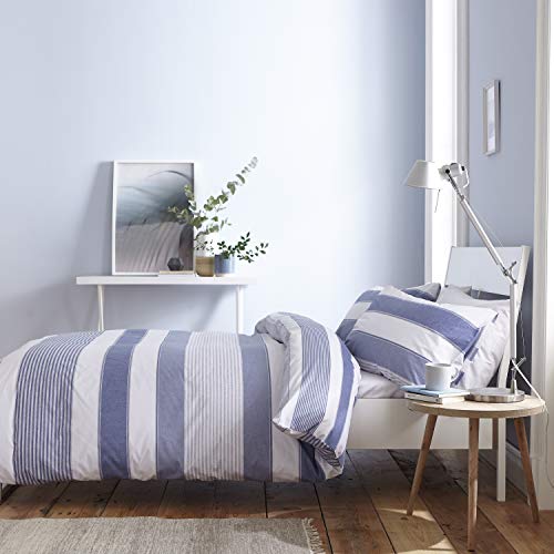 Catherine Lansfield New Quay Stripe Duvet Cover + Pillowcase, Cotton, Blue, 135 x 200 + 80 x 80 2