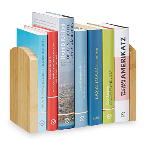 Relaxdays Bookend Set of 2, Support Stand for CDs, DVDs and Books, Natural Bamboo, HWD: 17x11.5x12.5 cm, Brown
