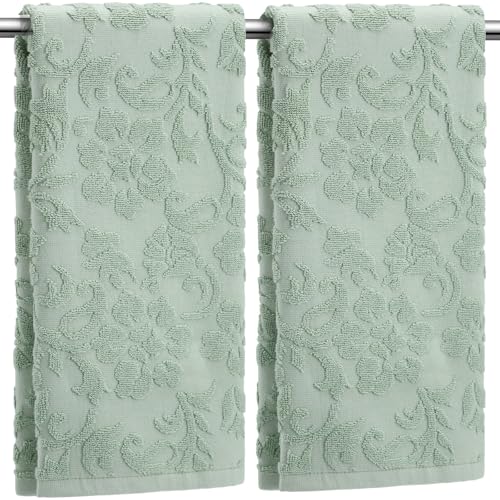 SmoothNovelty 2 Pcs Floral Jacquard Hand Towels for Bathroom Sage Green Hand Towels 100% Cotton Absorbent Decorative Weave Bath Decor Neutral Bathroom Decor Gift, 13.7 x 29.5 Inch