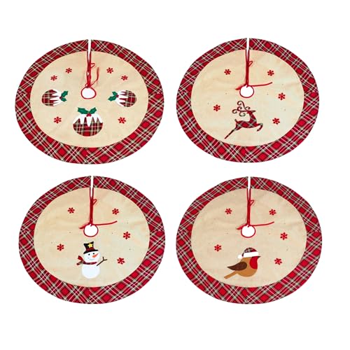 86cm Pack of 4 Assorted Christmas Tree Skirts, Burlap Hessian Linen Xmas Tree Base Covers with Snowflake Print Including Christmas Pudding, Reindeer, Robin and Snowman Designs for Holiday Decorations