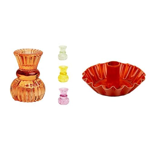 Small Orange Glass Candle Holder & Orange Scalloped Metal Holder Bundle