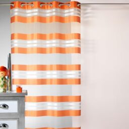 Homemaison - Net Curtain with Horizontal Stripes and Silver Thread - 100% Polyester Muslin - 8 Round Eyelets Diameter 4 cm - Curtains for Living Room Bedroom Window - 145 x 240 cm - Orange