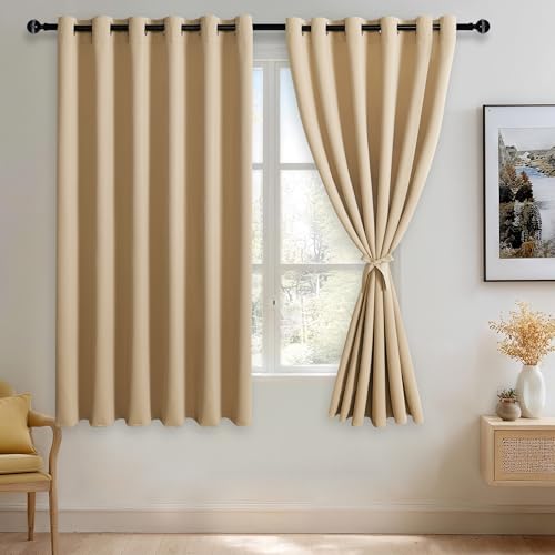 JIUZHEN Beige Blackout Curtains with Tiebacks - Thermal Insulated, Light Blocking and Noise Reducing Grommet Curtains for Bedroom and Living Room, Set of 2 Window Curtain Panels, 70 x 63 Inch Length