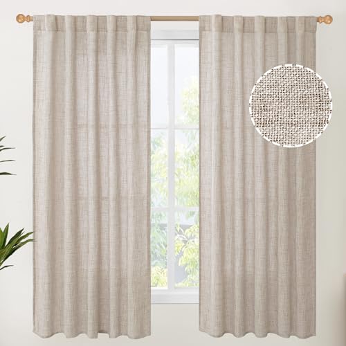 YoungsTex Linen Semi Sheer Curtains 63 Inch Length 2 Panels for Window, Light Filtering Drapes Rod Pocket for Living Room Bedroom Office Farmhouse Burlap Textured Lightweight Back Tab, 42 X 63 Inch