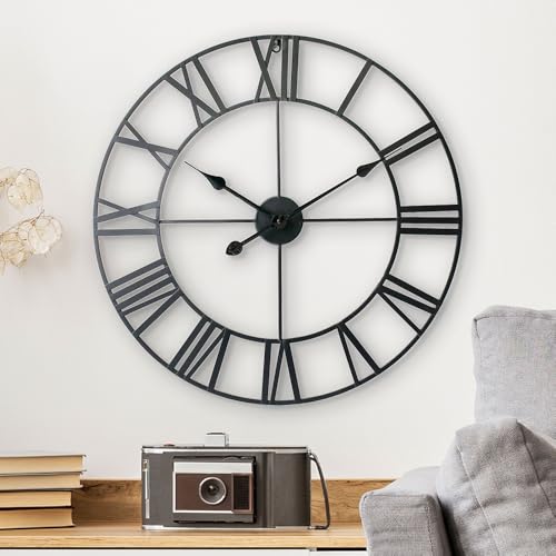 LW Collection Wall Clock Black Olivier 40cm - wall clock living room – non ticking – modern – silent – Large wall clock – Industrial – vintage – roman numerals – wall clock kitchen – bedroom