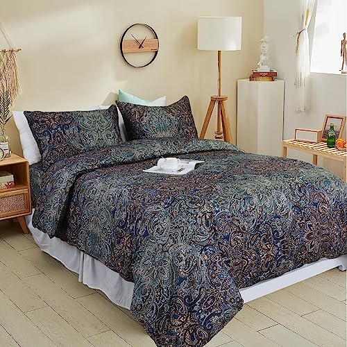 Helthep Vintage Boho Shabby Floral Paisley Luxury Bedding Collection King Size 3Pcs Duvet Cover Set Elegant Paisley Bedding Sets 1 Duvet Cover+ 2 Pillowcases/Shams 100% Egyptian Cotton Blue
