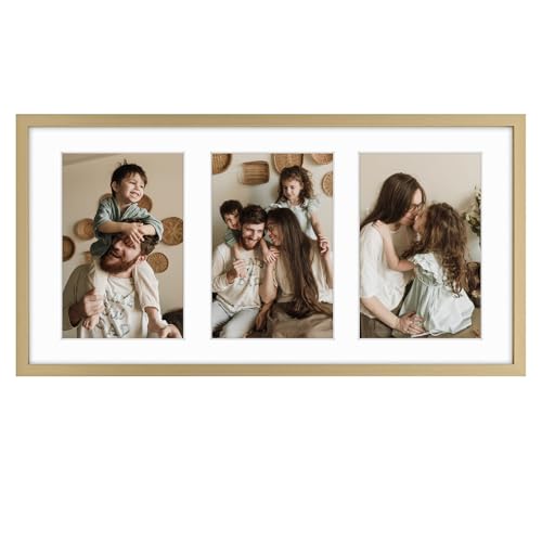 Golden State Art，7x14 Metal Frame for Three 4x6 Picture,Gold Aluminum, with 3-Opening Ivory Mat Color,Portrait or Landscape Wall Mounting,Sturdy and Easy to Install,Real Glass Front (Gold, Aluminum)