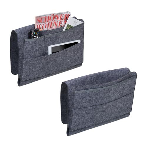 Relaxdays Organiser Pockets, Set of 2, 4 Compartments, Hook & Loop Fastener, Storage for Bed & Sofa, Felt, Dark Grey, 31.5 x 41 x 8 cm