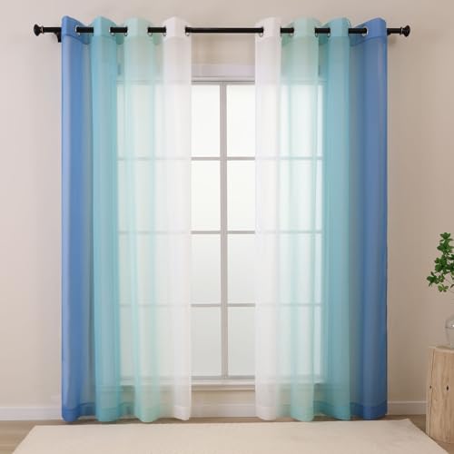 L.Z.E Blue Ombre Sheer Curtains 72 Inch Length for Living Room, Transparent Light Blue Curtains for Kids Bedroom Boys Girls Room, Lightweight Gradient Voile Window Drapes Grommet Top 2 Panels Set
