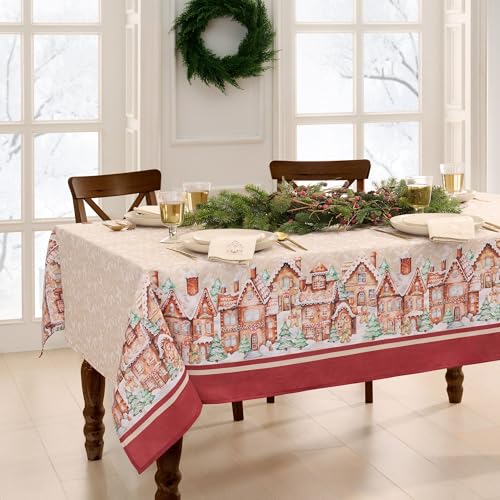 "Elrene Home Fashions Gingerbread Village Bliss Christmas/Holiday Bordered Tablecloth, 60""x84"" Rectangle"
