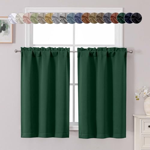 "Chyhomenyc Ever Green Short Blackout Curtains 45 Inch Length, Small Kitchen Curtain Tier Rod Pocket Half Window Curtains for Bathroom Basement Cabinet Camper RV Bunk, 2 PCS, Each 30"" Wx45 L"