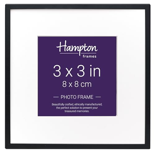 Hampton Frames, Photo Frame MADRID M138B33, 3x3in (8x8cm) Square, Matt Black, Narrow 5mm Profile, Bevel Mount, Velvet Back - Classic Display for Photos
