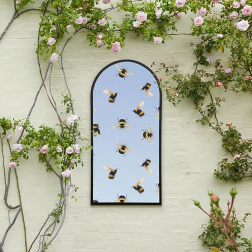 "MirrorOutlet The Typis - Black Metal Frame Edged Modern Round Arch Edge Garden Wall Mirror With Colour Bumble Bee Printed Decal 47"" x 24"" (120CM X 60CM) Silver Mirror Glass with Black Frame"