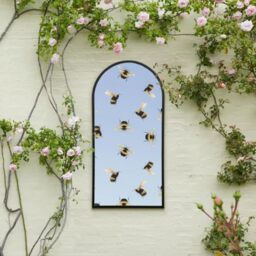 "MirrorOutlet The Typis - Black Metal Frame Edged Modern Round Arch Edge Garden Wall Mirror With Colour Bumble Bee Printed Decal 47"" x 24"" (120CM X 60CM) Silver Mirror Glass with Black Frame"