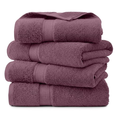 Superior Egyptian Cotton Pile Bath Towel Set of 4, Ultra Soft Luxury Towels, Thick Plush Essentials, Absorbent Heavyweight, Guest Bath, Hotel, Spa, Home Bathroom, Shower Basics, Plum