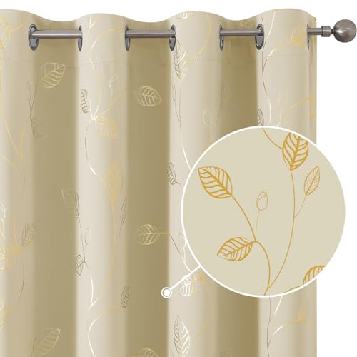 BUHUA Heat Blocking Curtains, Black Out Curtains 84 Inch Long 2 Panels Burg, Soundproof Curtains with Gold Leaf Printed (52 x 84 Inch, Beige, Set of 2 Panels)