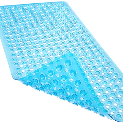 Linoows Non-Slip Bathtub and Shower Mats, Power Grip Bath Mat 35 x 16.3 Inch, Bath Mat with Suction Cups and Drain Holes for Tub Bathroom Safety, Machine Washable Soft Shower Floor Mat, Clear Blue