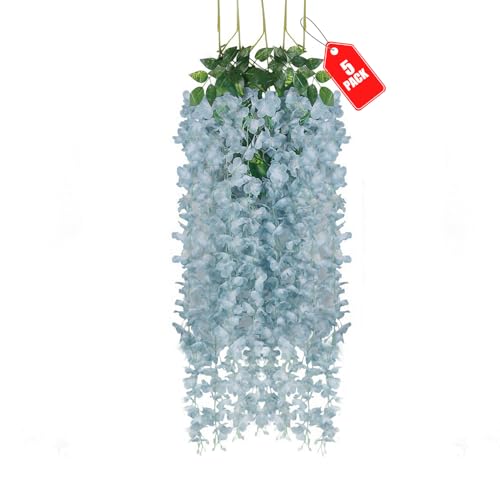 ZEBMOON 5pcs Grey Artificial Wisteria Garland, 3.77 Ft Hanging Flowers, Irregular Shape, Outdoor Indoor Home Decor, 5 Count