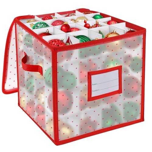 "BINSUNS INSUNS Christmas Ornament Storage Box, Christmas Storage Containers Organizer Bag with Dividers - Fits up to 64 Holiday Xmas Ornaments Decorations 3"" Seasons Balls(Red)"