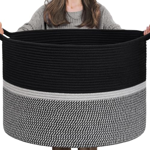 CHICVITA Extra Large Woven Rope Blanket Basket with Handles, Black - Laundry basket for towels, clothes, toys, pillows. For living room, family room, 22x22x14 inches