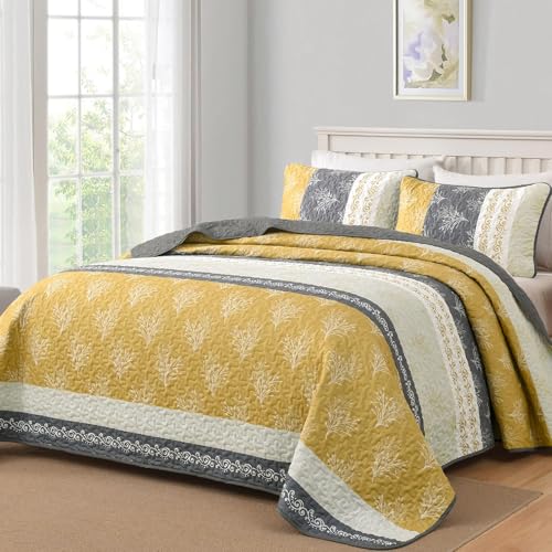 "DJY Yellow Boho Quilt Set King Size, Striped Floral Yellow and Grey Bedspread Coverlet, 3 Pieces Patchwork Stripe Quilt Bedding Set Soft Microfiber Reversible Bedspread for All Season (110""x90"")"
