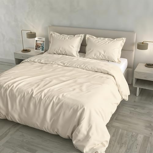 Satin Cloe Duvet Cover Set, 100% Cotton, Made in Italy – Bag 255 x 200 cm with Double Flap 50 cm, 2 Pillowcases 52 x 82 cm with 4 Ruffles, Plain Colour – Cream