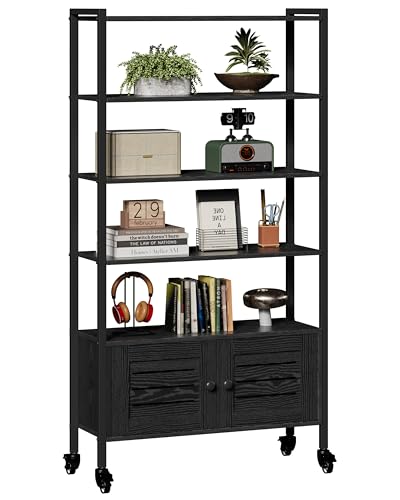 IRONCK Bookshelf with Doors, Storage Shelf, Large Bookcase with Casters, 5 Tier Industrial Shelves, Adjustable Free Standing Display Shelf for Living Room, Office, Dinning Room, 70x30x144cm (Black)