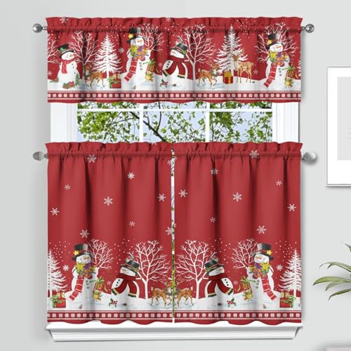 qwpmvhsak Christmas Kitchen Curtains and Valances Set of 3,Red Snowman Elk Christmas Decoration,Winter Xmas Curtains and Valances Short Curtain Set for Kitchen Bedroom Holiday Decor 36In