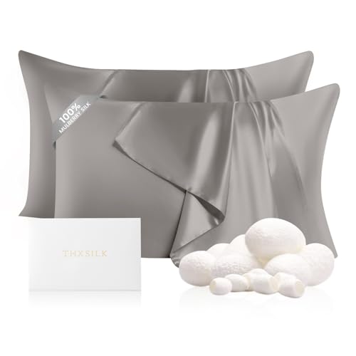 "THXSILK 2 Pack 100% Mulberry Silk Pillowcase for Hair and Skin, 22 Momme Natural Silk Pillow Cover with Hidden Zipper, Soft Breathable Smooth Organic Silk Pillowcase(Grey, Queen Size 20""x30"")"