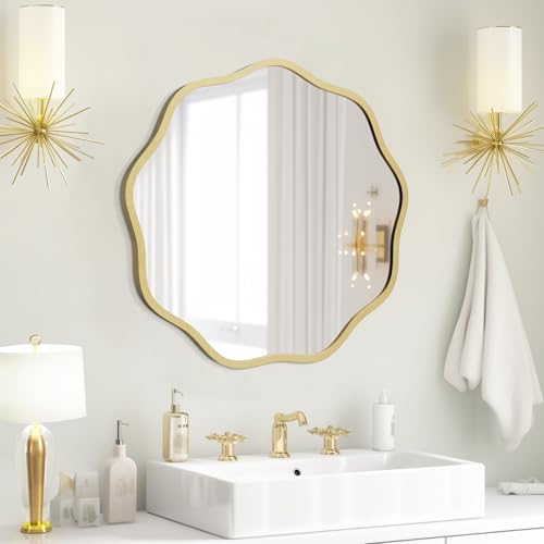 WallBeyond Modern Glam 20 inch Round Wavy Mirror, Gold Aluminum Frame, Wall Mounted, 22 inches, Bathroom Mirror