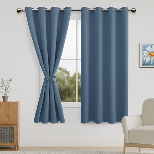 DWCN Blackout Curtains for Bedroom with Tiebacks - Room Darkening Privacy Grommet Top Window Curtains for Living Room, 52 x 63 inch Length, Airy Blue, Set of 2 Panels