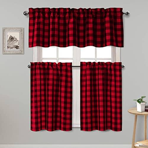 Hiasan 3 Piece Semi Sheer Kitchen Curtains - Light Filtering Buffalo Plaid Tier and Valance Window Curtains Set, Black and Red, 52 W x 18 L (1 Panel) + 26 W x 24 L (2 Panels)