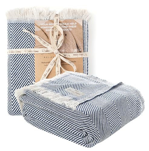 DREAMY RIKKA Cotton Chevron Bed Blanket Farmhouse Throw Blanket Lightweight Boho Decorative Blankets for Bed, Sofa, Chair, Couch, Queen Size, Deep Blue, 79x90
