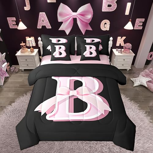jejeloiu Kids Girls Black Pink Bow Comforter Set with Sheets King Size Monogrammed 7 Piece Bedding Set Personalized Initial B Bed in a Bag with Comforter,Sheets,Pillowcases Modern Fashion Bed Set