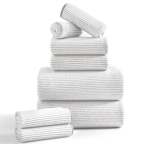 8-Piece Premium Towel Set for Bathroom-2 Oversized Large Bath Sheet,2 Hand Towels,4 Washcloths-Soft Cozy Highly Absorbent Fast Dry Microfiber Shower Towel Set for Hotel Bathroom Essentials,Beige White