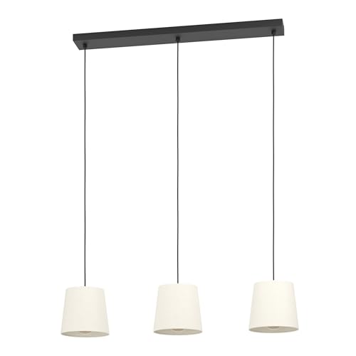 Eglo Pendant Lighting Febres, 3 Light Hanging lamp Above Dining Table, Dining Room Ceiling Light Fixture, Made of bouclé Fabric, Metal in Black and Textile in White, E27 Socket, 88 cm
