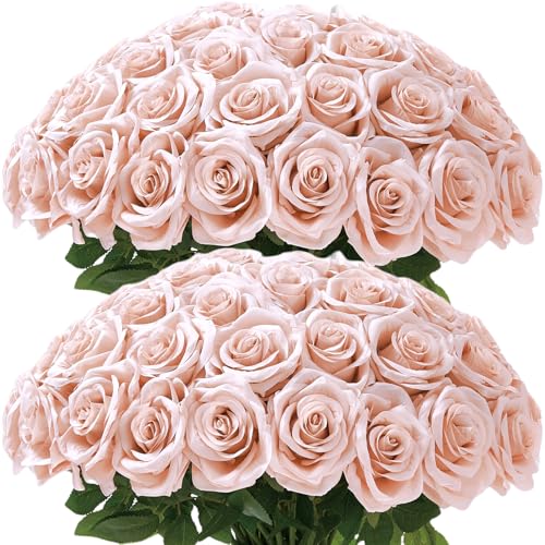 Carlita???s Blooms 50Pcs Blush Roses Artificial Flowers Artificial Silk Roses Bulk,Fake Roses Flower with Stems Realistic Flowers for Wedding Centerpiece Home Party Decor