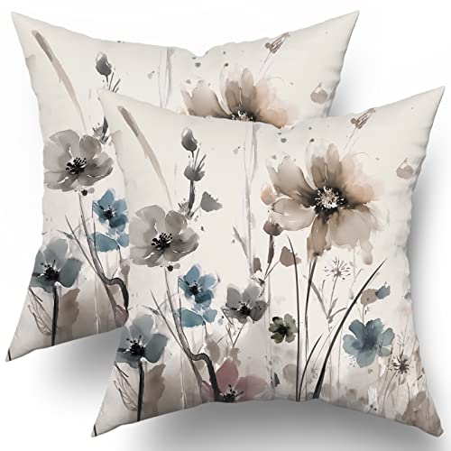Watercolor Brown Grey Floral Pillow Covers 18x18 Rustic Color Cream Gray Blue Flower Print Decorative Throw Pillows Modern Art Farmhouse Pillowcase Cushion Case Decor for Sofa Couch Bed Set of 2