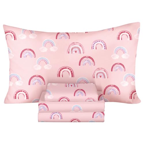 "Ivellow Queen Sheets Set 100% Natural Cotton Sheets Soft Breathable Bed Sheets 16"" Deep Pocket Pink Cute Kawaii Bedding Rainbow Patterned Sheets for Girls Toddler Teen Kids Cartoon Dorm Essentials"