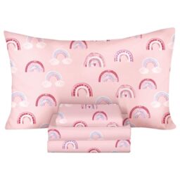 "Ivellow Queen Sheets Set 100% Natural Cotton Sheets Soft Breathable Bed Sheets 16"" Deep Pocket Pink Cute Kawaii Bedding Rainbow Patterned Sheets for Girls Toddler Teen Kids Cartoon Dorm Essentials"