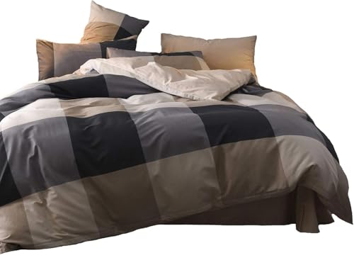 TISPLR Plaid Duvet Cover King 3 Pieces Reversible Cotton Bedding Set Vintage Style Checkered Pattern Gingham Duvet Cover Set with Zipper Closure, Luxury Breathable Comfy