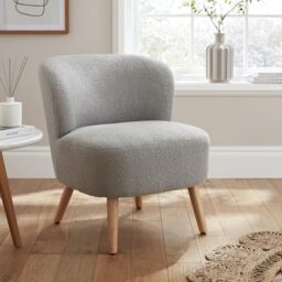GFW Evie Bouclé Teddy Accent Chair Grey, Curved Occasional Chair with Wooden Legs for Living Room or Bedroom