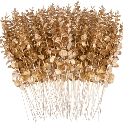 FEQO 120 Pcs Artificial Eucalyptus Stems 15 inch Gold Eucalyptus Leaves Stems Faux Eucalyptus Stem for Vase Wedding Bouquet Home (FF-23-072)