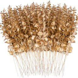 FEQO 120 Pcs Artificial Eucalyptus Stems 15 inch Gold Eucalyptus Leaves Stems Faux Eucalyptus Stem for Vase Wedding Bouquet Home (FF-23-072)