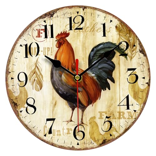 VIKMARI 8 Inch Rustic Rooster Wall Clock - Silent Non-Ticking Quartz Battery Operated Round Clock - Easy to Read Wooden Design for Living Room, Bedroom, Kids Room and Coffee Bar