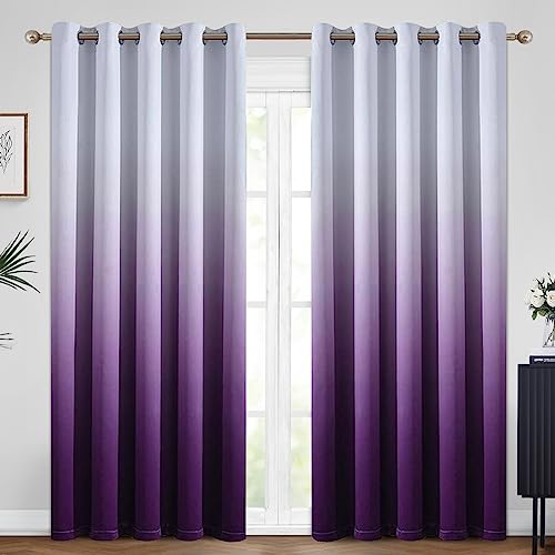 Yakamok 84 Inch Long Ombre Curtains,Thermal Insulated Light Blocking Greyish White to Purple Gradient Color Curtains, Room Darkening Grommet Window Drapes for Living Room/Bedroom(2 Panels,62W x 84L)